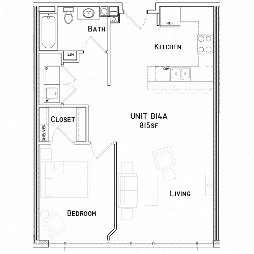 Floor plan for 1 bed, 1 bath, 815 sqft